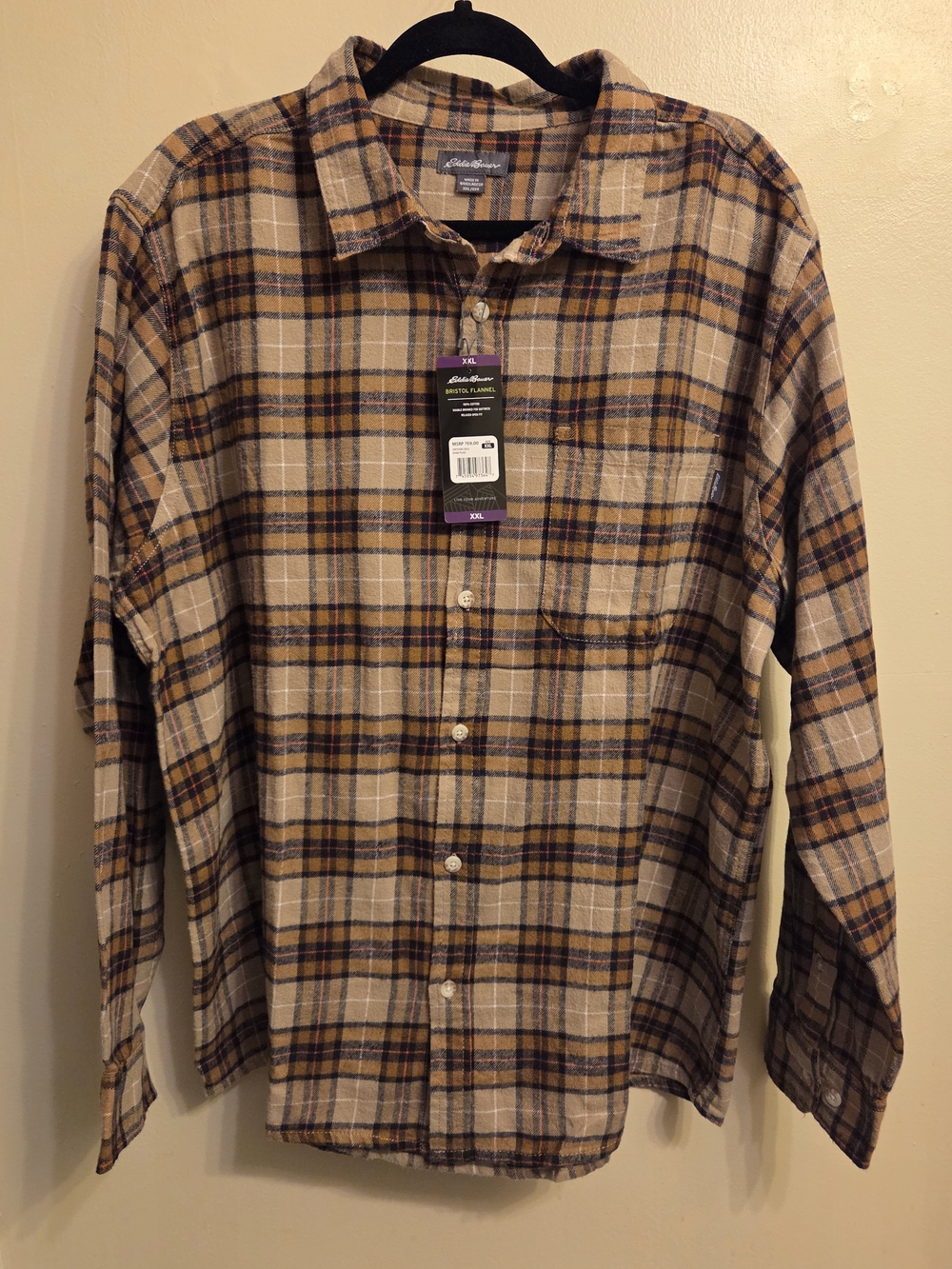 Eddie Bauer Men XXL Bristol Flannel Khaki Plaid Earthy Grunge Boho Heritage